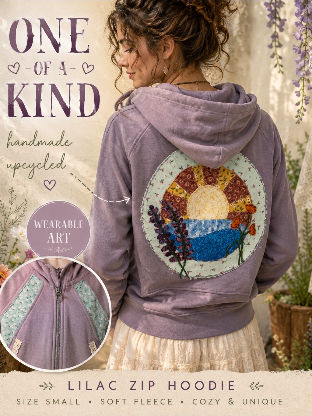 Handmade Upcycled Lilac Zip Hoodie | Patchwork Sunrise Small